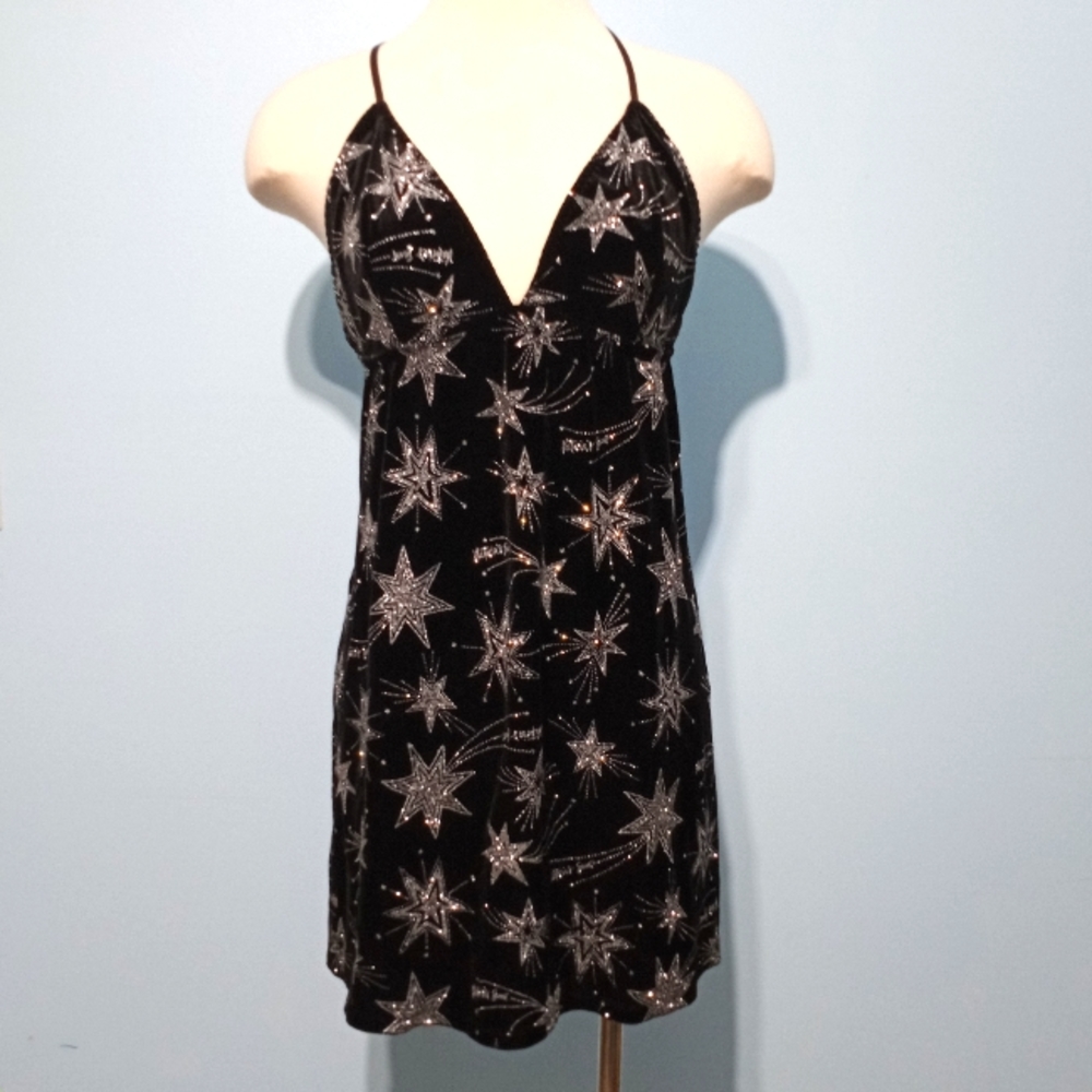 Victoria Secret Black Velour Chamise, w/Glittery Silver Stars; XL